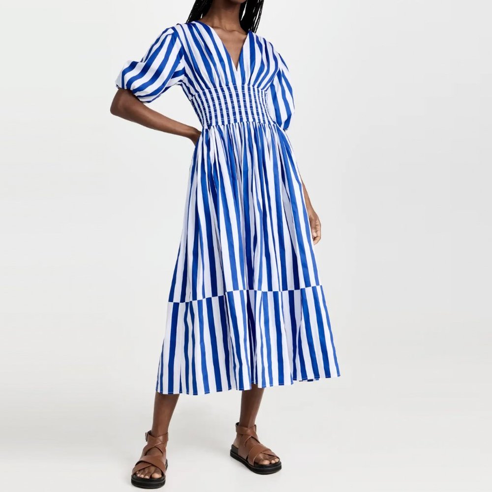 $345 AYR White Marais Blue Extra Extra Regatta Stripe Dress size L Fit & Flare